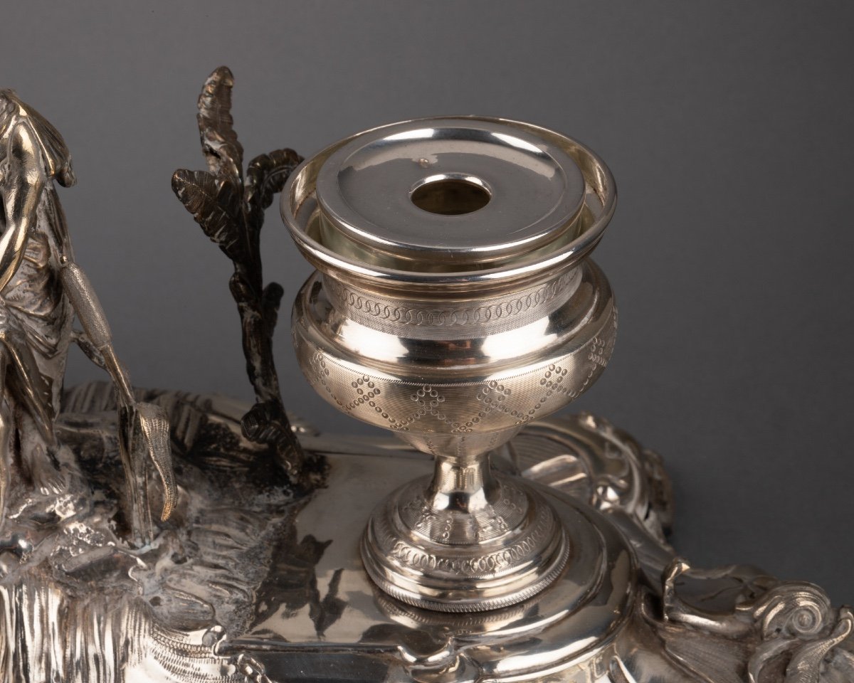 Solid Silver Inkwell Depicting Psyche, 19th Century-photo-4