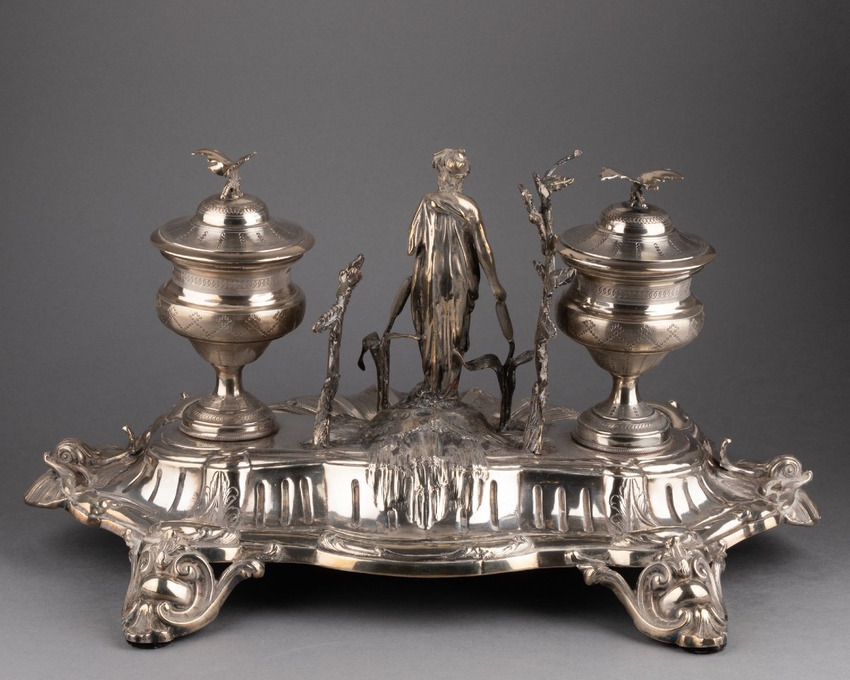 Solid Silver Inkwell Depicting Psyche, 19th Century-photo-1