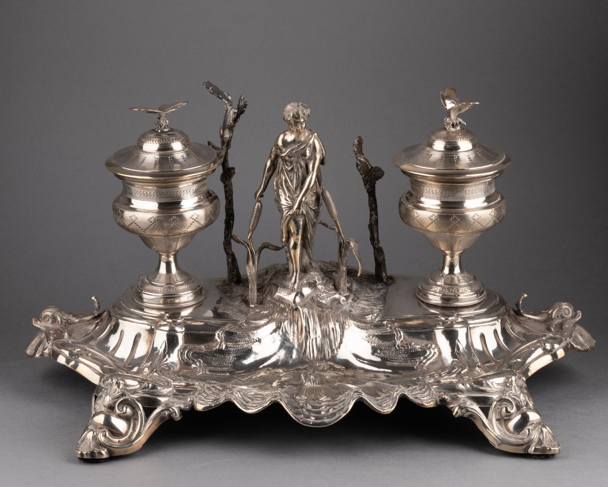 Solid Silver Inkwell Depicting Psyche, 19th Century