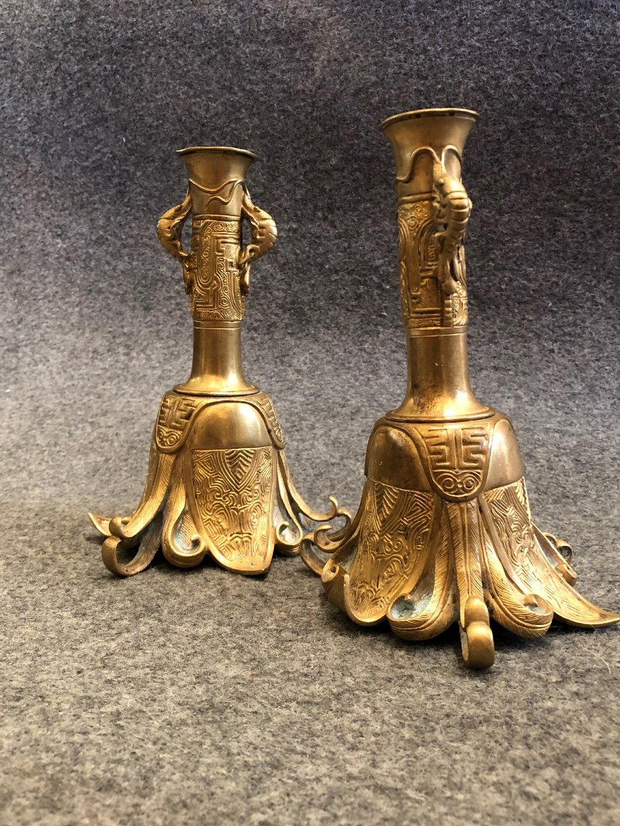 Pair Of Chinese Candlesticks, 19th Century-photo-3