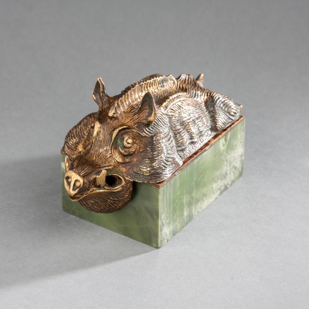 Small Box In Green Agate And Gilded Bronze, 19th Century