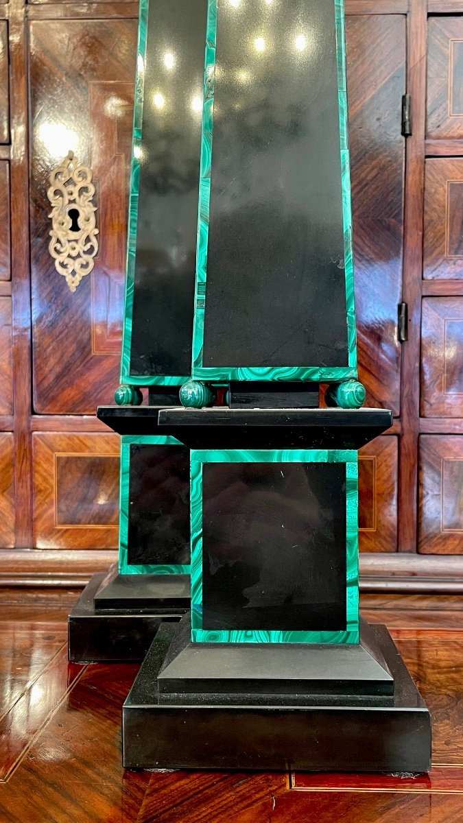 Pair Of Black Marble And Malachite Obelisks, 19th Century-photo-5