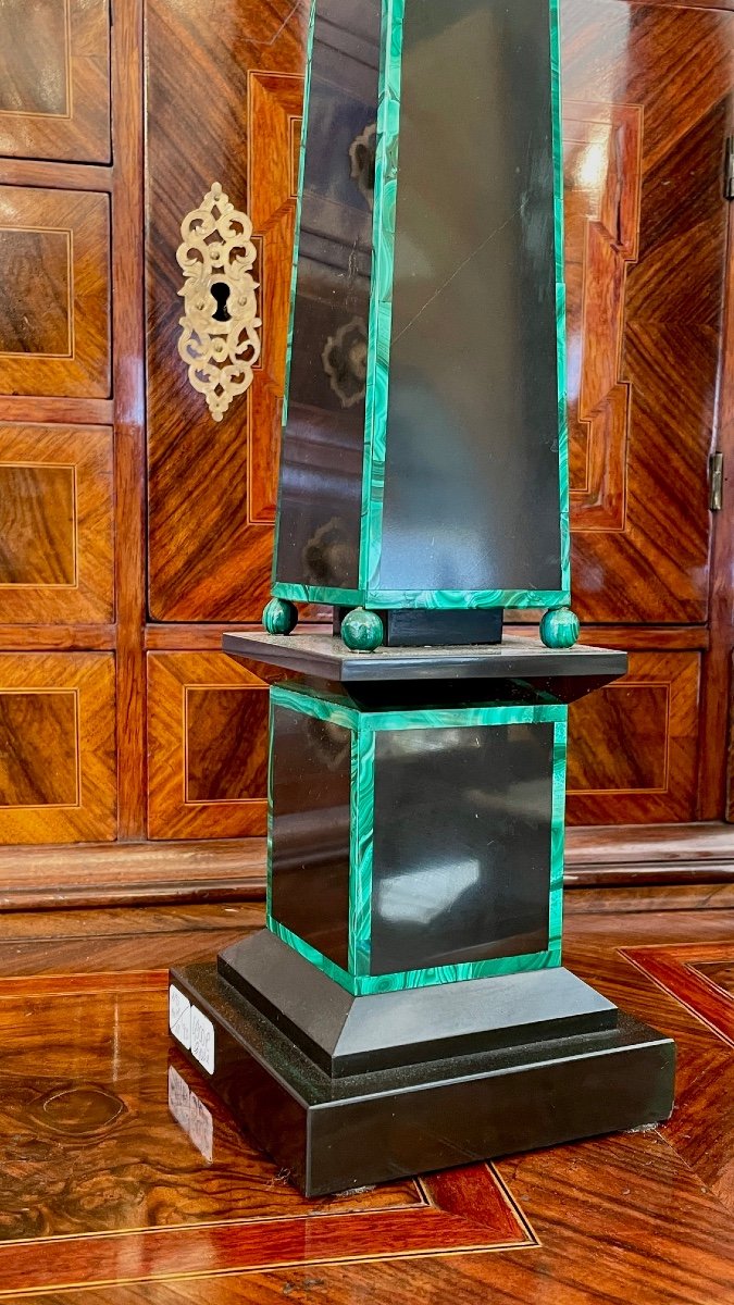 Pair Of Black Marble And Malachite Obelisks, 19th Century-photo-7