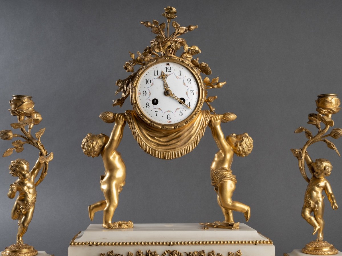 Louis XVI Style Clock And Candlesticks, 19th Century-photo-3