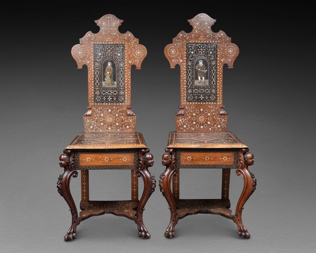 Pair Of Neo-byzantine Inlaid Chairs, 19th Century