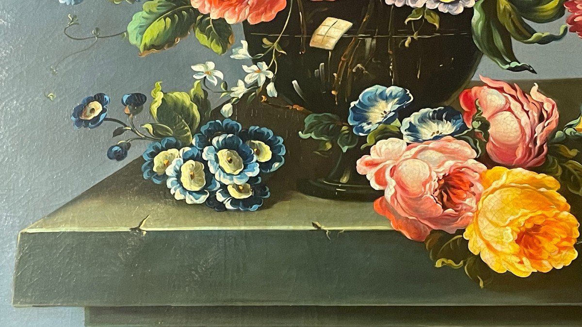 Oil On Canvas Of A Bunch Of Flowers, 19th Century-photo-3