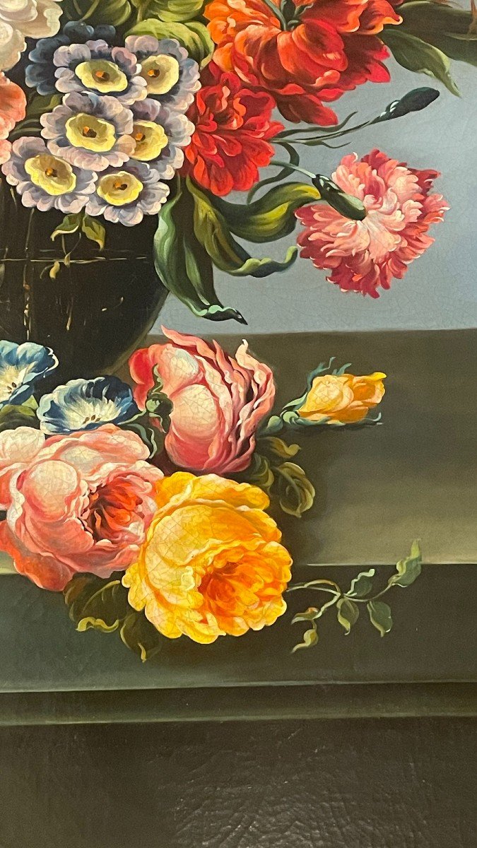 Oil On Canvas Of A Bunch Of Flowers, 19th Century-photo-3