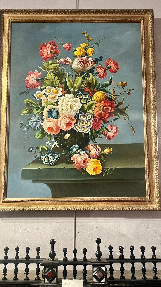 Oil On Canvas Of A Bunch Of Flowers, 19th Century-photo-4