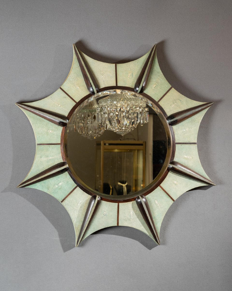 Miroir en galuchat et bois exotique, années 1950 - 1960 -photo-1