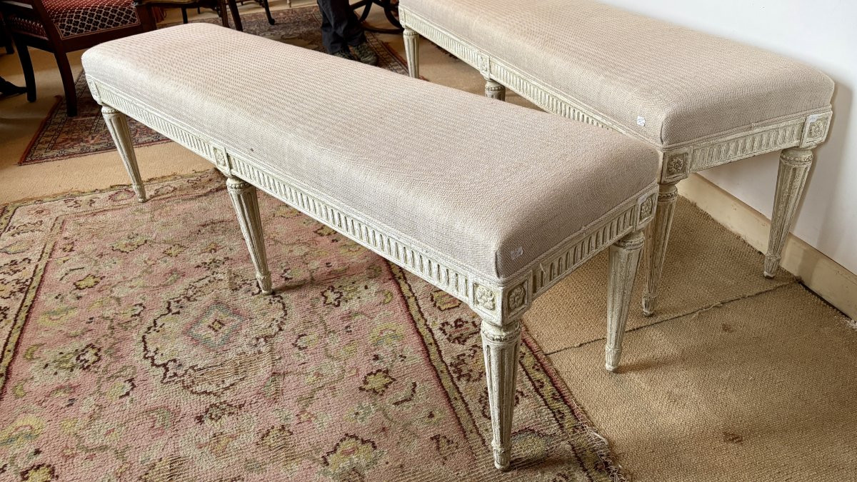 Paire de banquettes ou bouts de lit style Louis XVI, XIXe siècle-photo-3