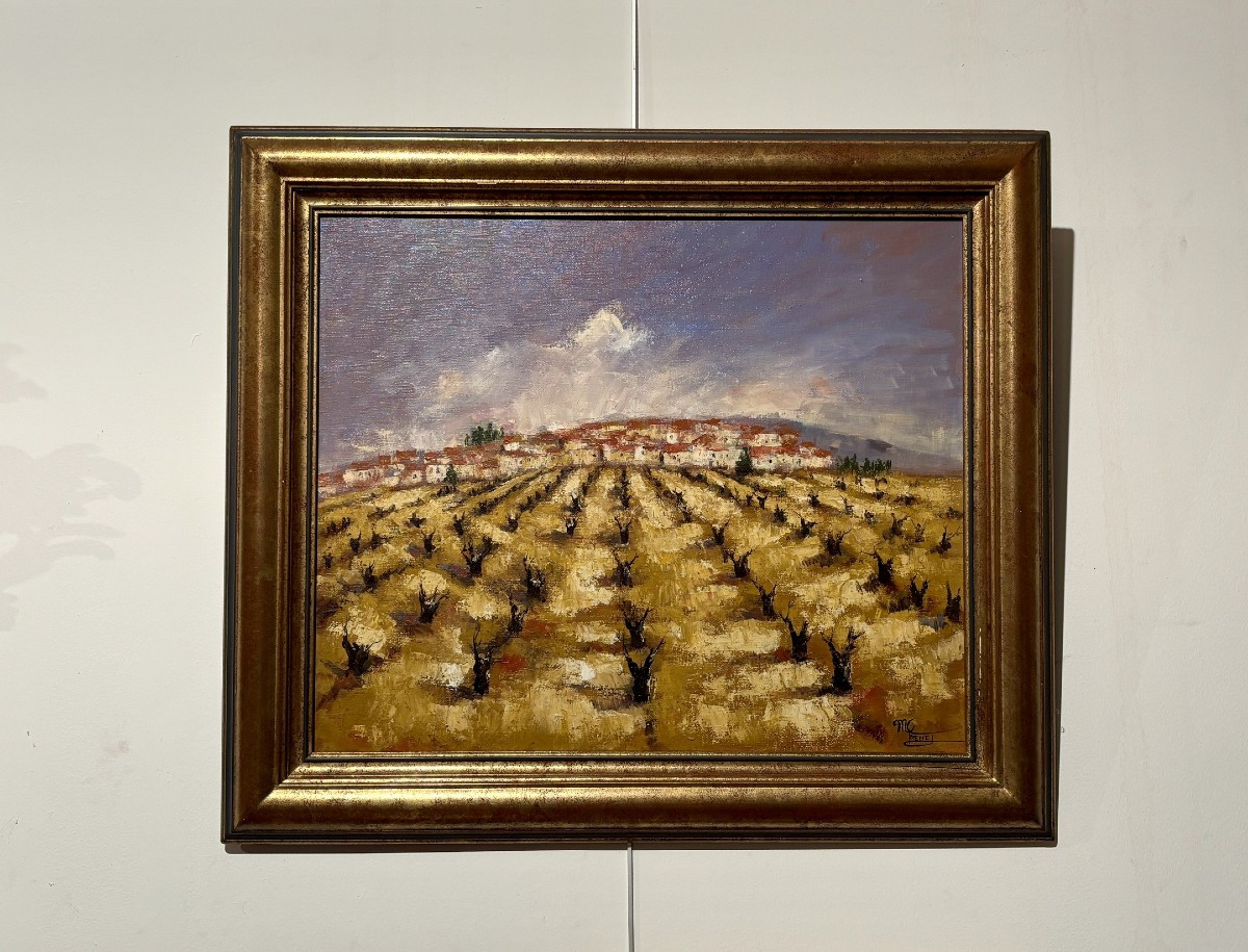 Oil On Canvas, "the Vineyard," Signed Marie-claude Trehet.