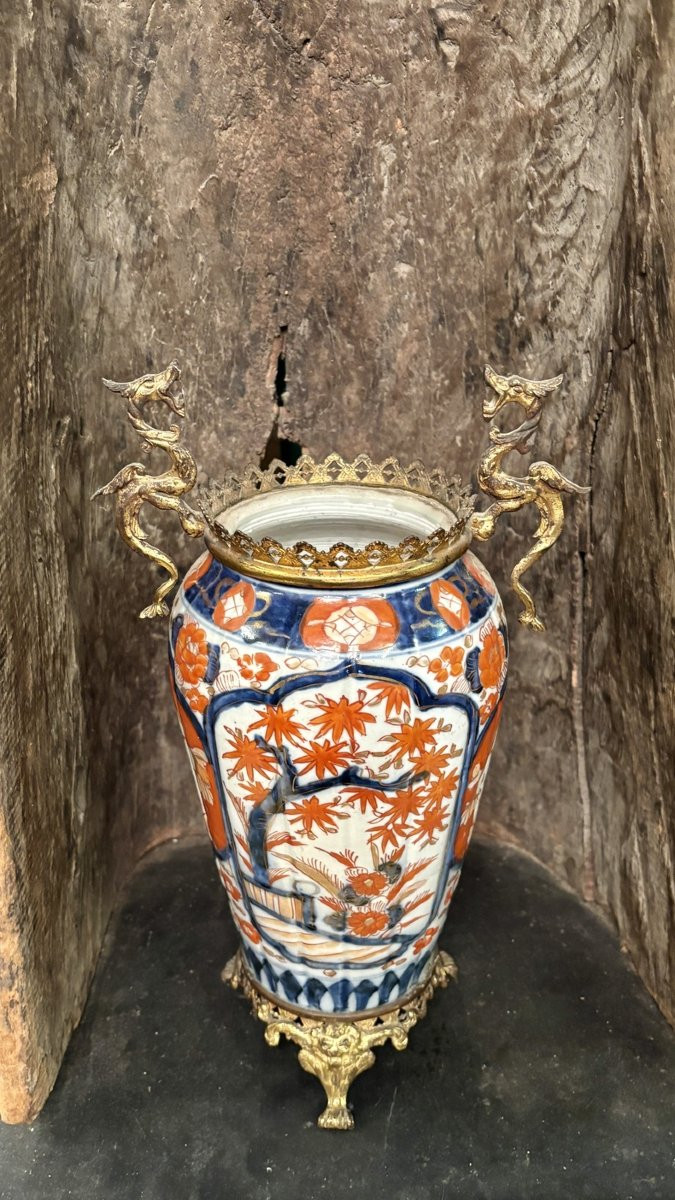 Vase japonais en porcelaine style Imari, monture bronze doré au dragon, XIXe siècle-photo-4
