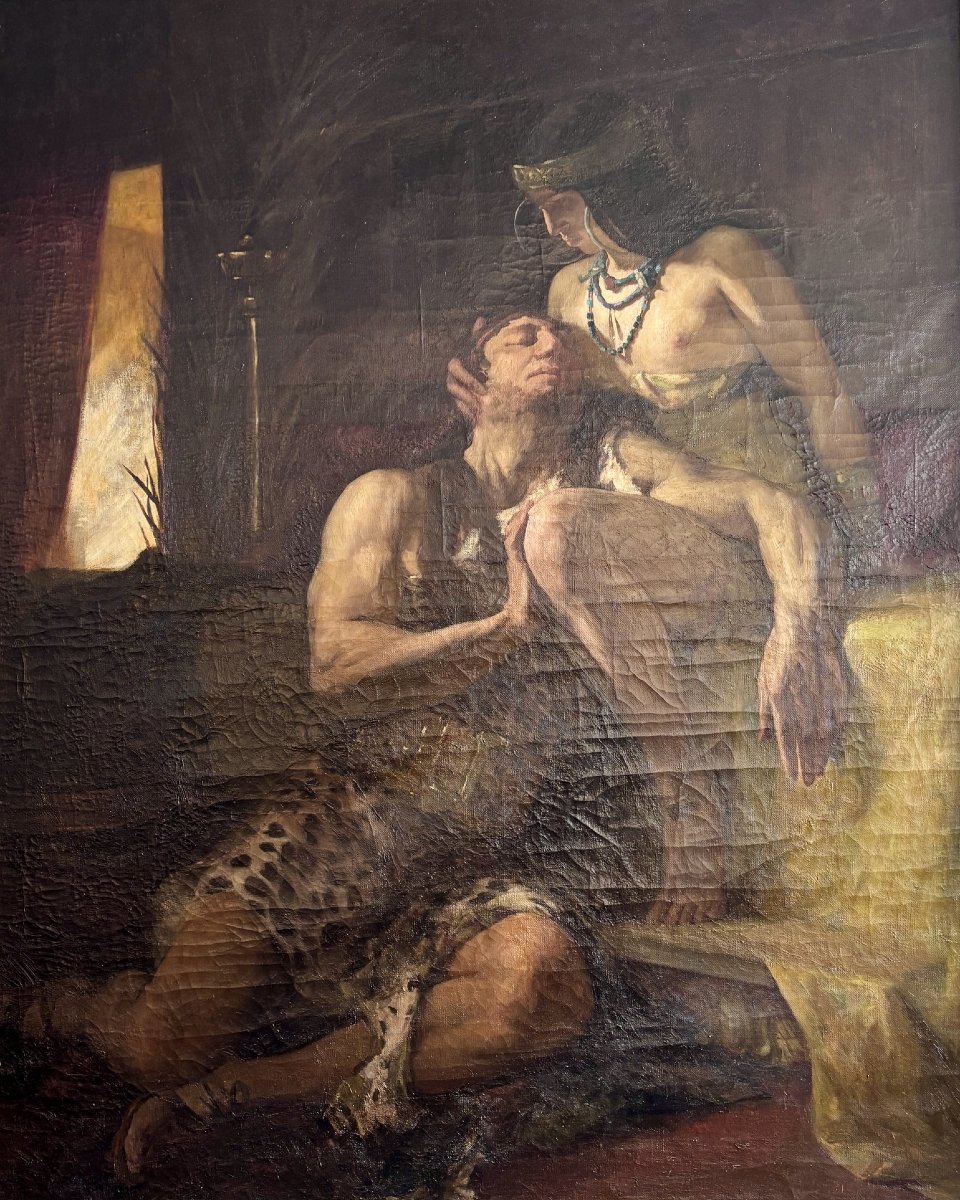 Grande huile sur toile, Samson et Dalila, dans le goût de William Bouguereau, XIXe siècle-photo-2