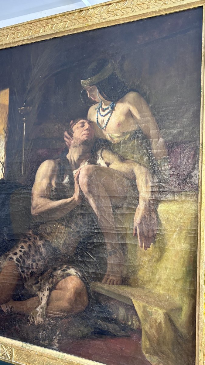 Grande huile sur toile, Samson et Dalila, dans le goût de William Bouguereau, XIXe siècle-photo-4