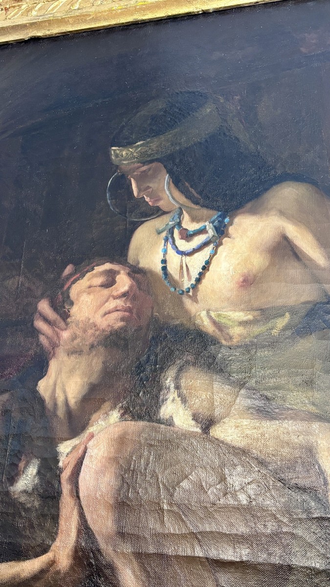 Grande huile sur toile, Samson et Dalila, dans le goût de William Bouguereau, XIXe siècle-photo-1