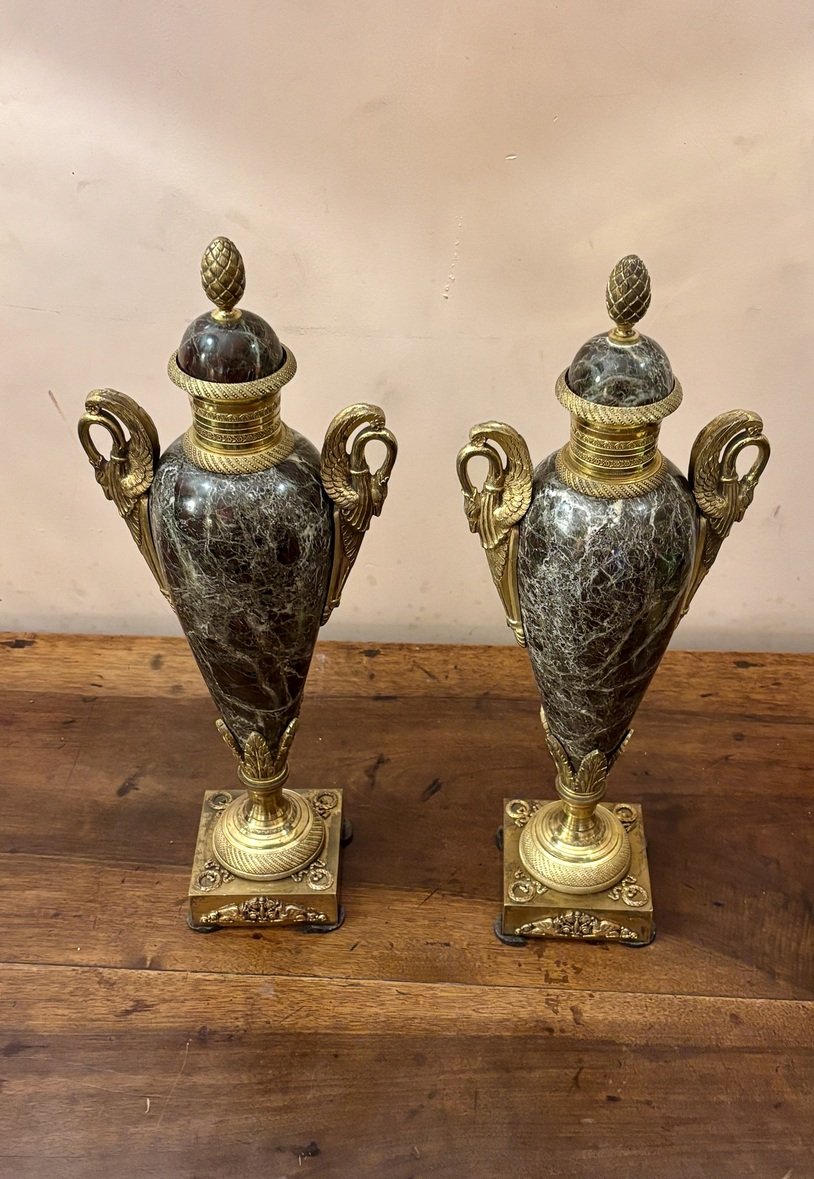 Urnes couvertes en marbre et bronze doré, style néoclassique, XIXe siècle-photo-2