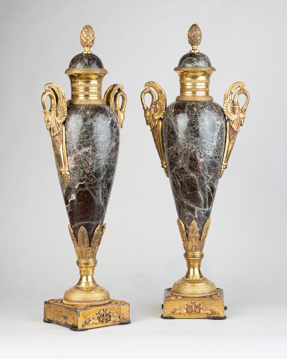 Neoclassical Urns With Marble And Gilt Bronze Lids, 19th Century-photo-3