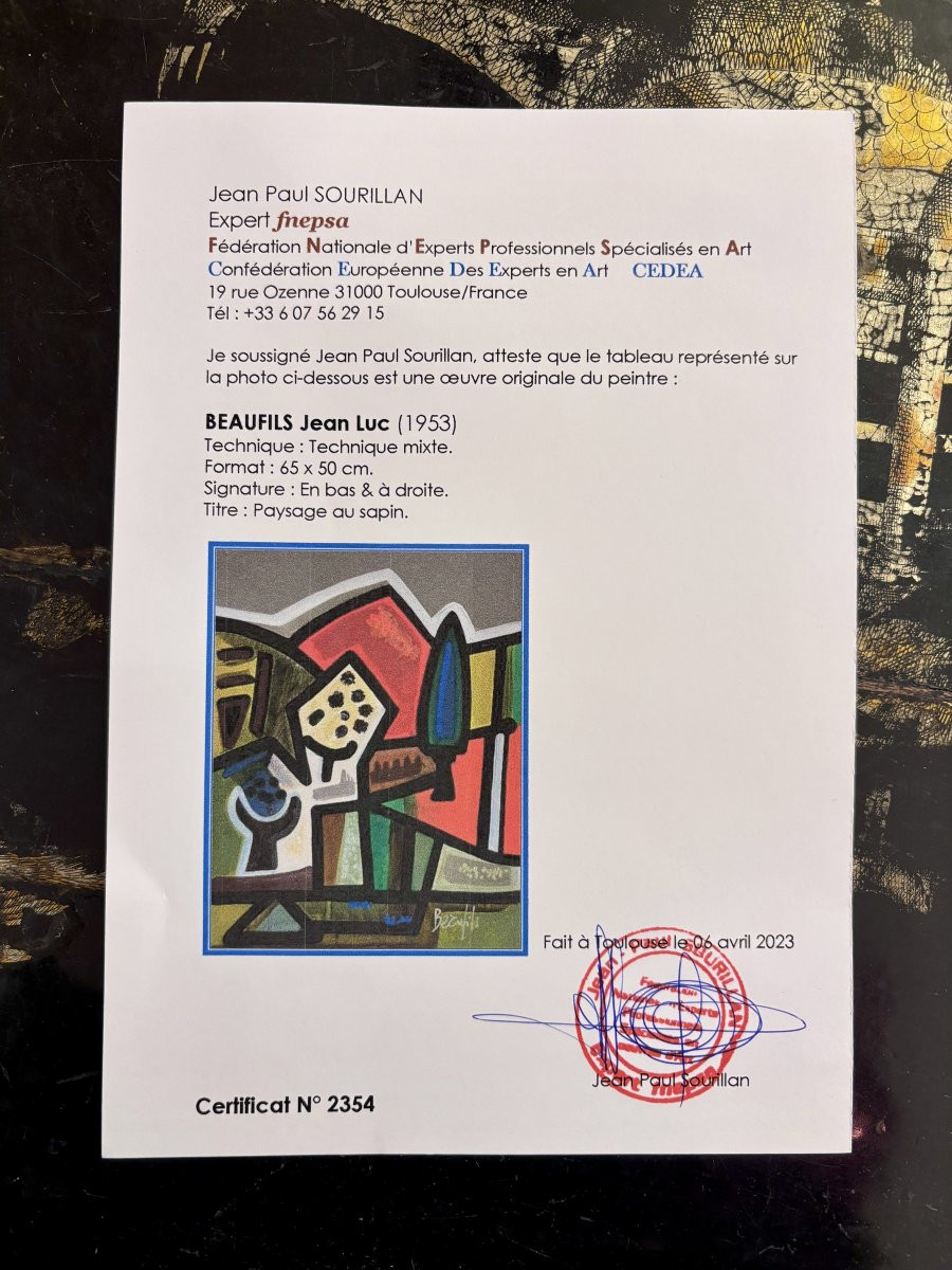 Jean-luc Beaufils (born In 1953), Landscape With Fir Tree, Mixed Media-photo-2