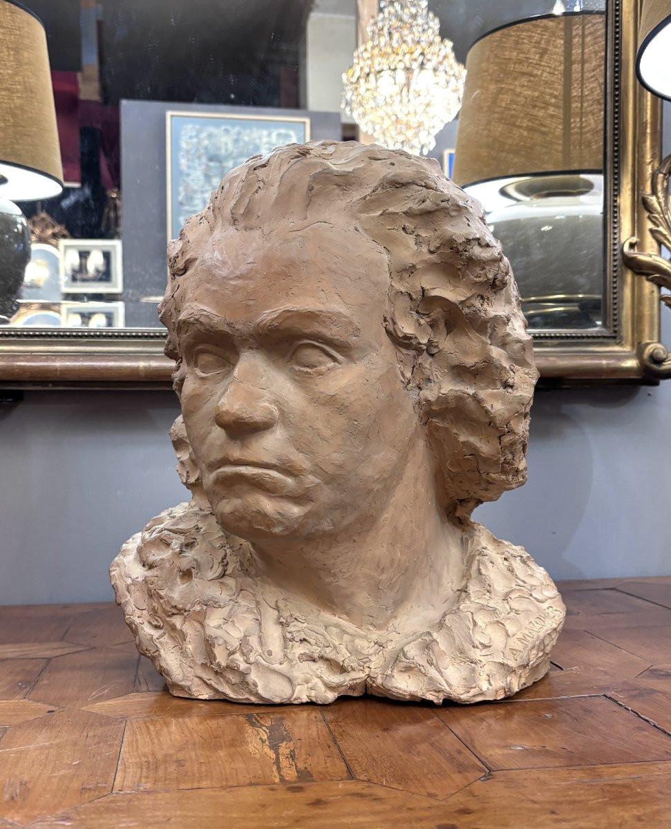 Terracotta Bust Of Beethoven, Signed A. Mazoyer, Late 19th/early 20th Century-photo-2
