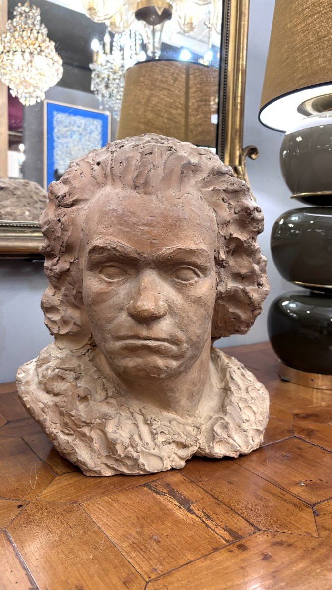 Terracotta Bust Of Beethoven, Signed A. Mazoyer, Late 19th/early 20th Century-photo-4