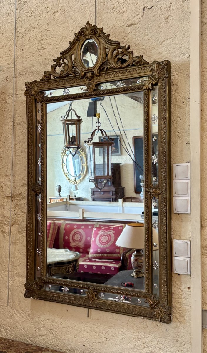 Grand miroir à parcloses en bois doré, XIXe siècle-photo-1