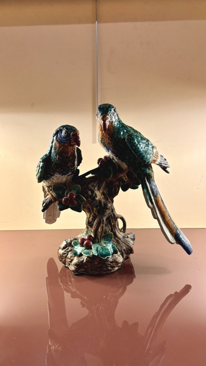 Glazed Terracotta With Parrots, 19th Century-photo-2
