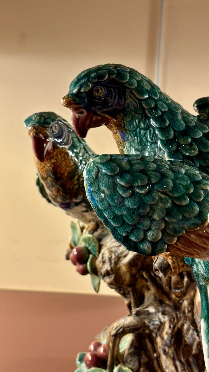 Glazed Terracotta With Parrots, 19th Century-photo-4
