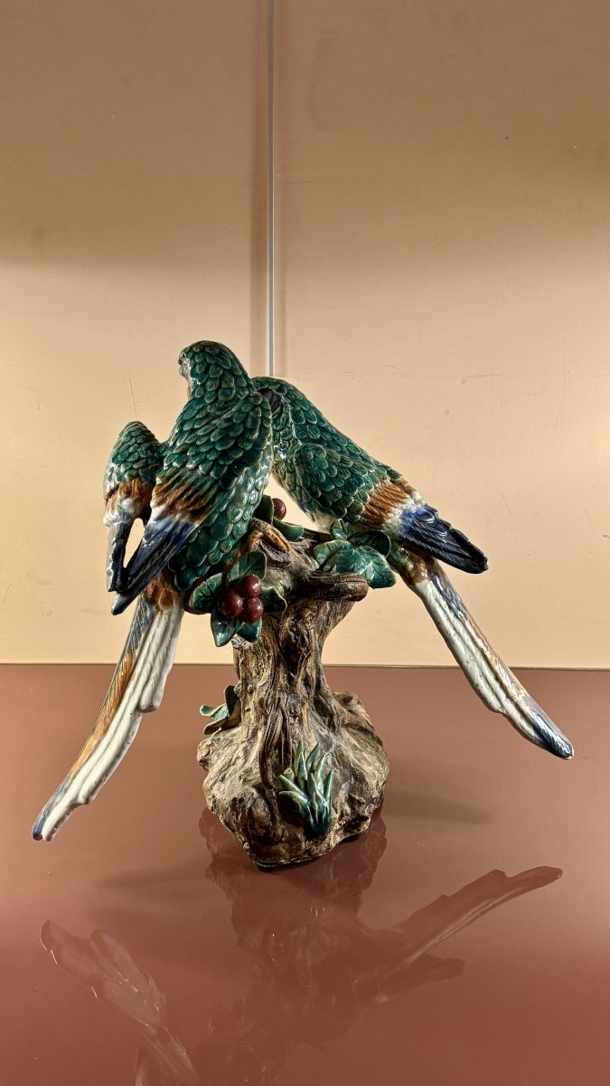 Glazed Terracotta With Parrots, 19th Century-photo-1