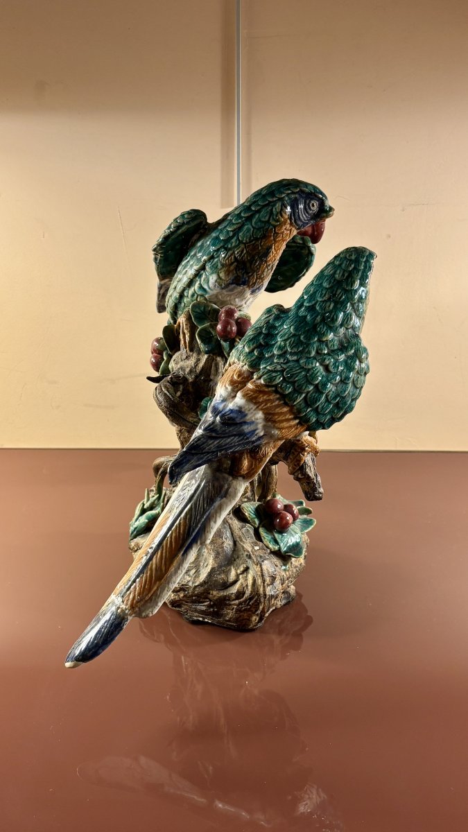 Glazed Terracotta With Parrots, 19th Century-photo-3