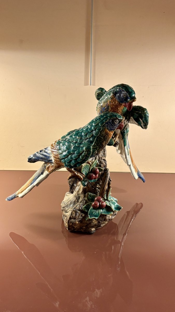 Glazed Terracotta With Parrots, 19th Century-photo-5