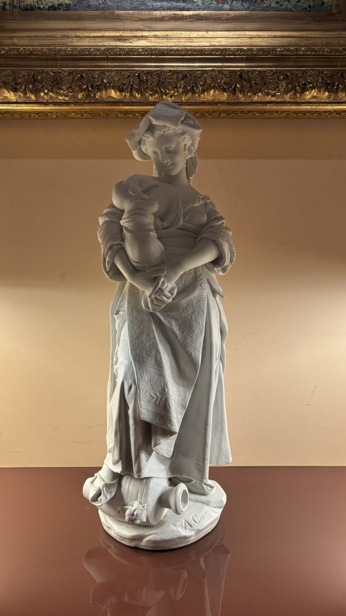 Albert Carrier-belleuse (1824-1887), Biscuit Porcelain Sculpture Of A Breastfeeding Woman, 19th