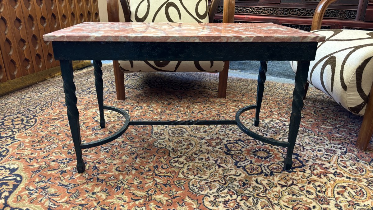 Table basse en fer forgé et plateau de marbre, XXe siècle-photo-2