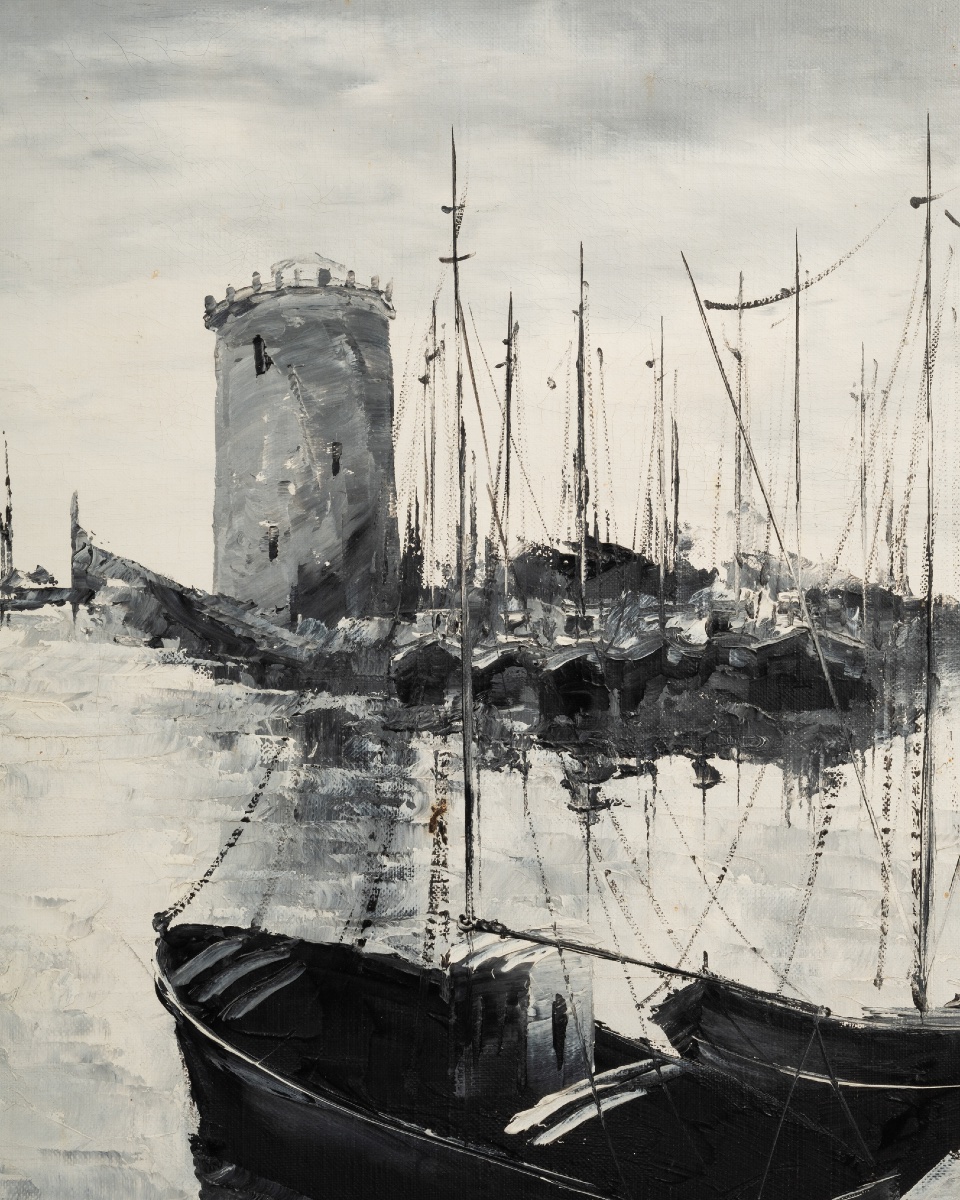 Huile sur toile figurant le port de La Rochelle, XXe siècle-photo-2