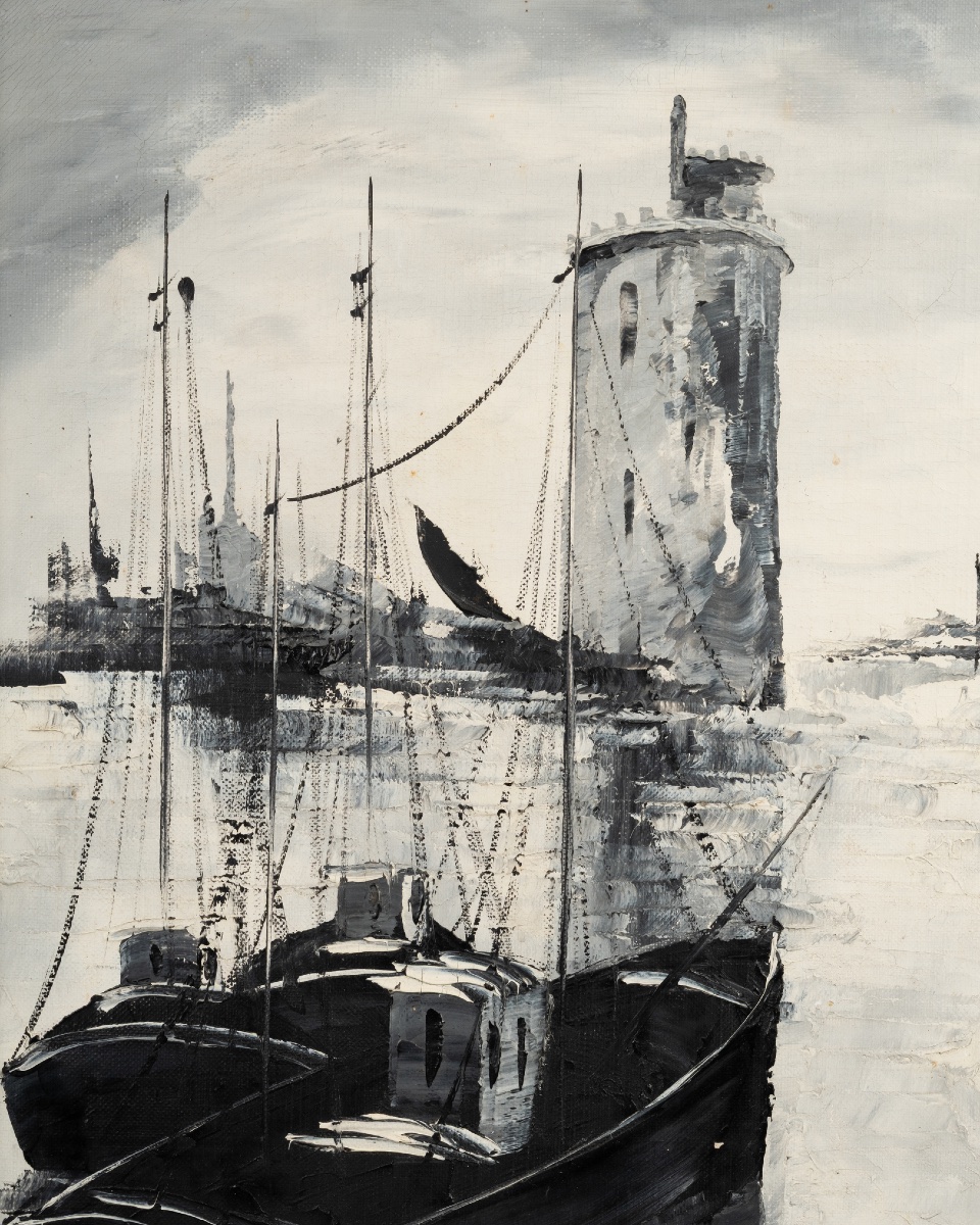 Huile sur toile figurant le port de La Rochelle, XXe siècle-photo-3