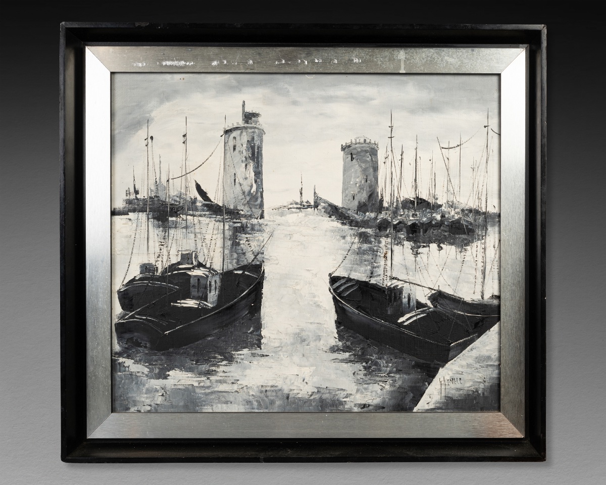 Huile sur toile figurant le port de La Rochelle, XXe siècle