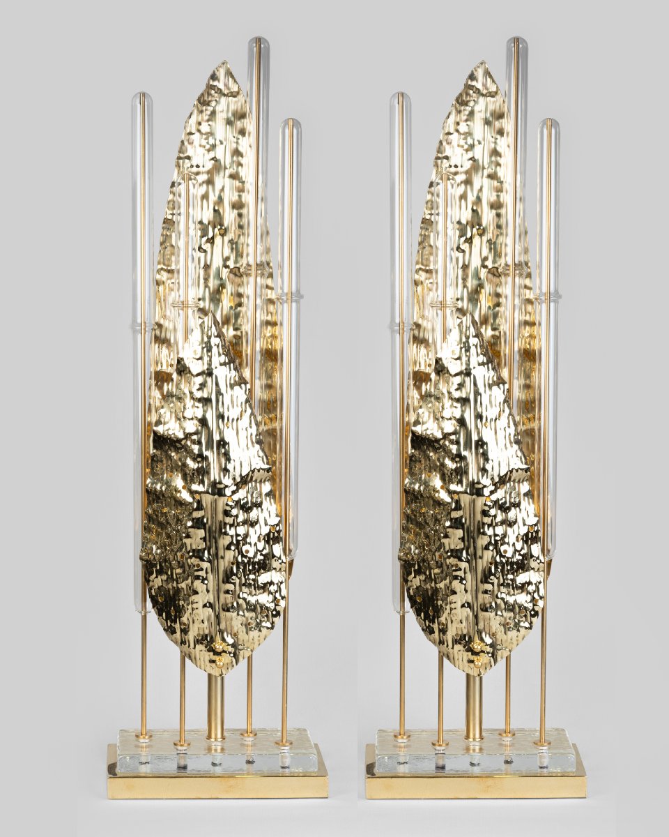 Pair Of Murano Glass And Brass Lamps, Late 20th Century