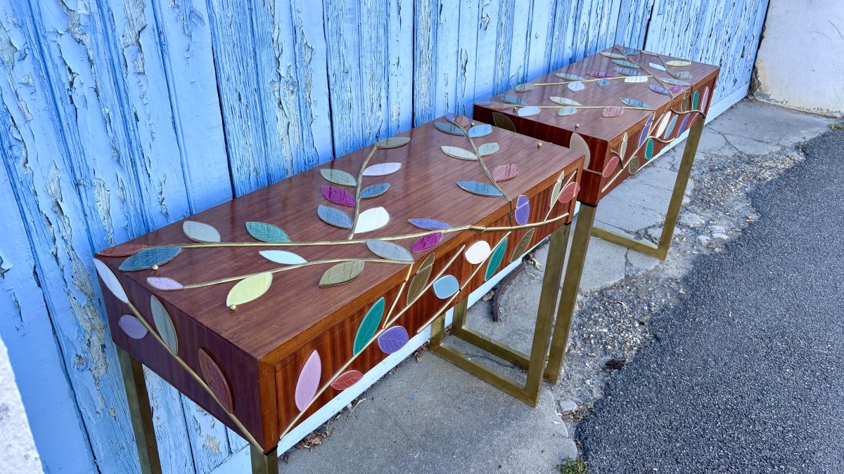 Two (2) Console Tables Clad In Murano Glass Foliage, 20th Century-photo-2