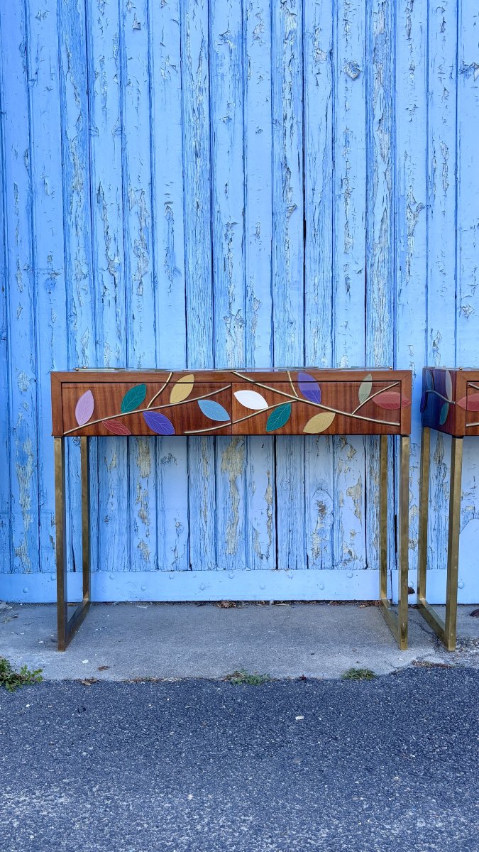 Two (2) Console Tables Clad In Murano Glass Foliage, 20th Century-photo-3