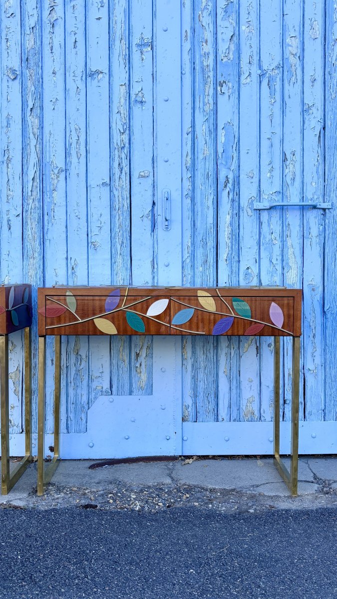 Two (2) Console Tables Clad In Murano Glass Foliage, 20th Century-photo-4