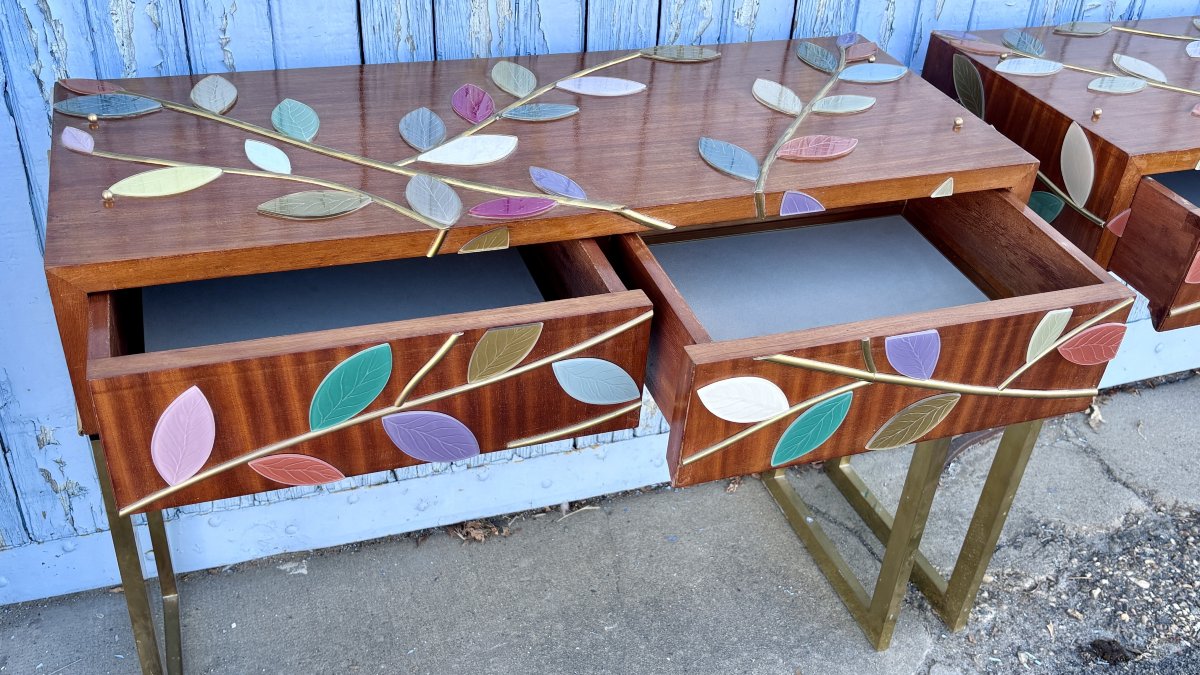 Two (2) Console Tables Clad In Murano Glass Foliage, 20th Century-photo-2