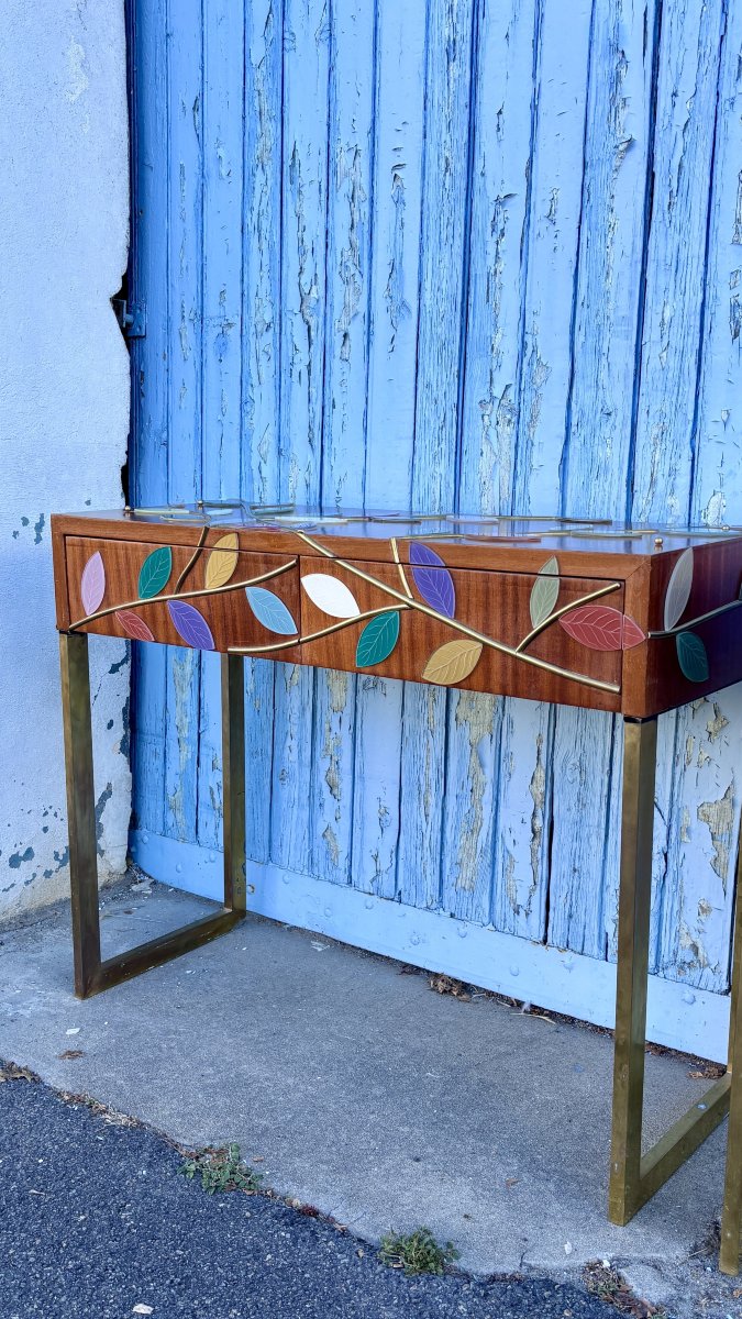 Two (2) Console Tables Clad In Murano Glass Foliage, 20th Century-photo-3