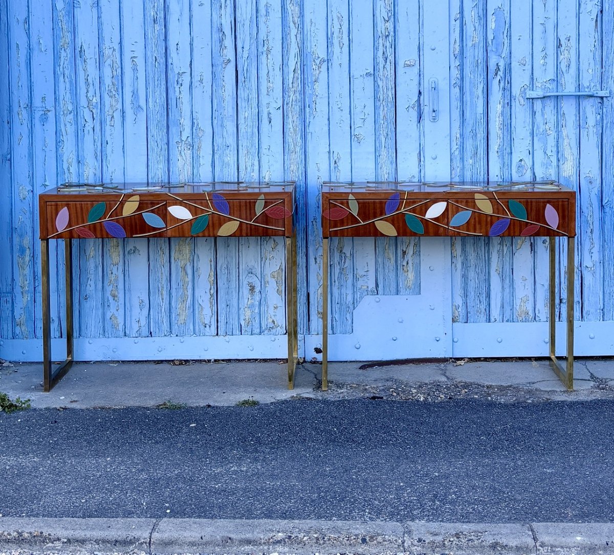 Two (2) Console Tables Clad In Murano Glass Foliage, 20th Century
