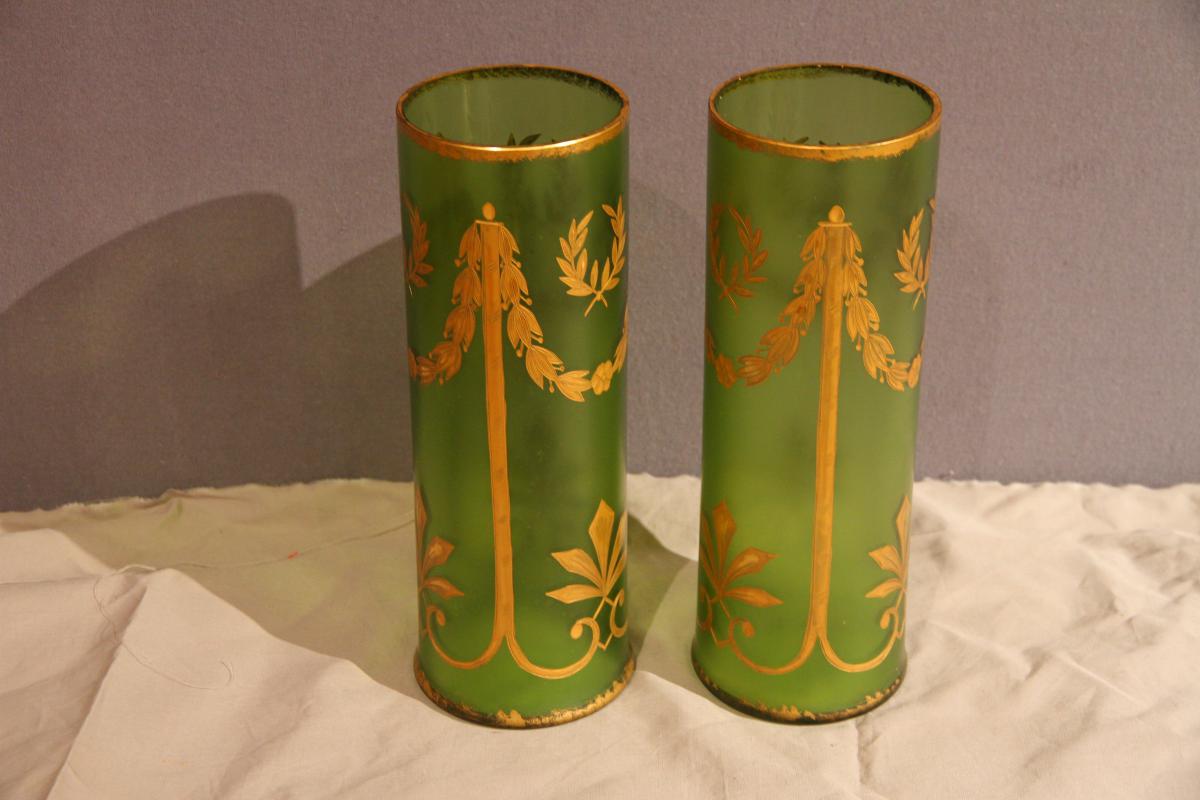 Pair Of Glass Vases, Green And Gold, Napoleon III Era-photo-2