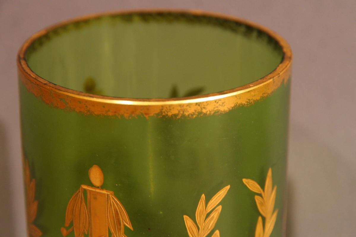 Pair Of Glass Vases, Green And Gold, Napoleon III Era-photo-1