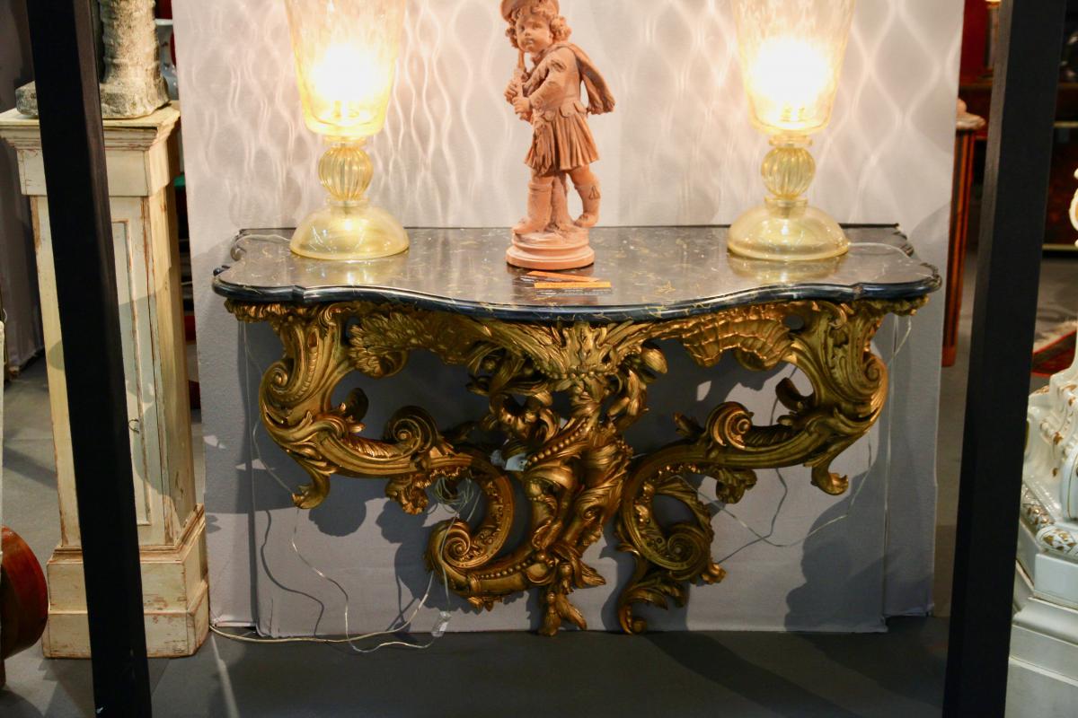 Console In Gilded Wood And Portor Marble Tray, Late Eighteenth / Early Nineteenth Century