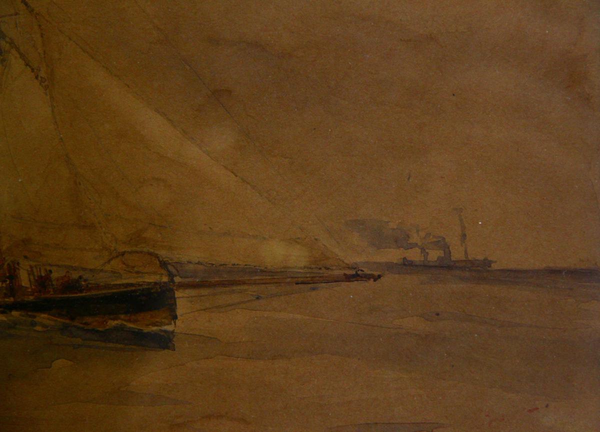 Marine à L’aquarelle, datée 1900-photo-1