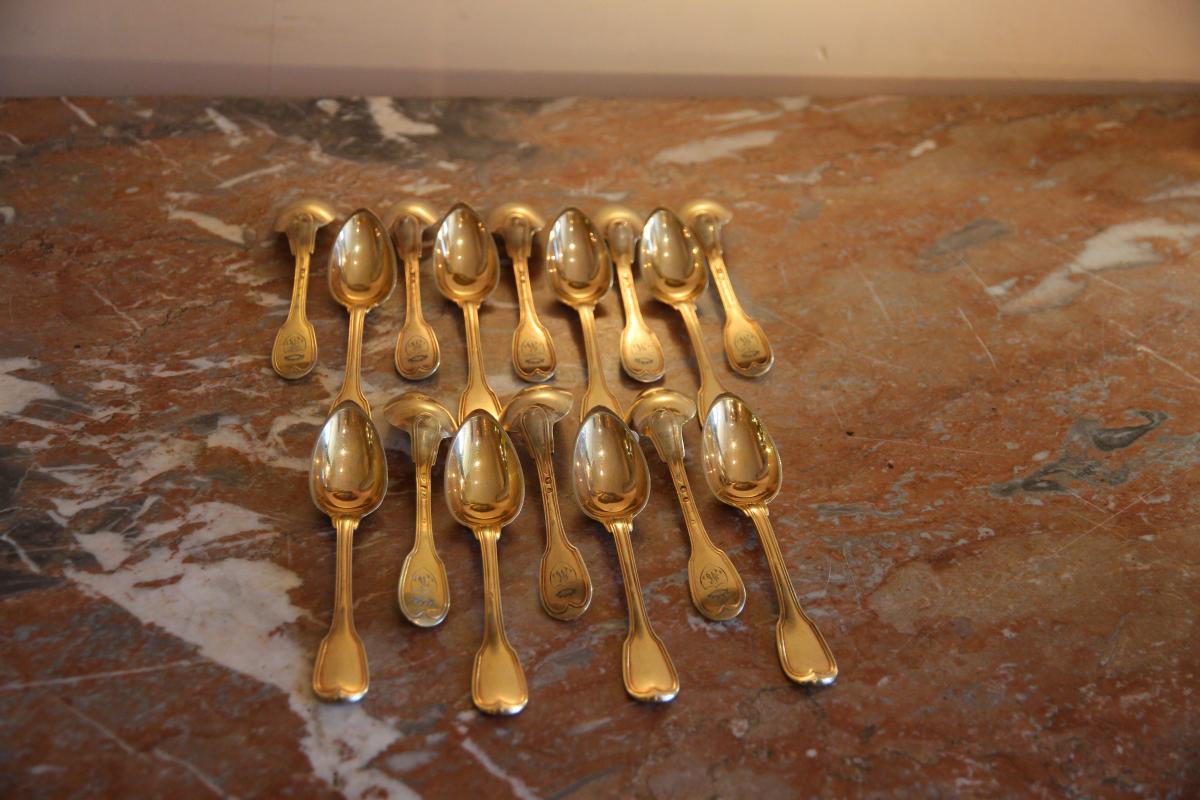 Sixteen (16) Vermeil Spoons (gold On Solid Silver), 449 Grams, Nineteenth-photo-4