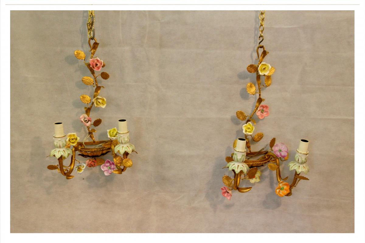 Pair Of Gilded Metal And Porcelain Sconces, XXth Century