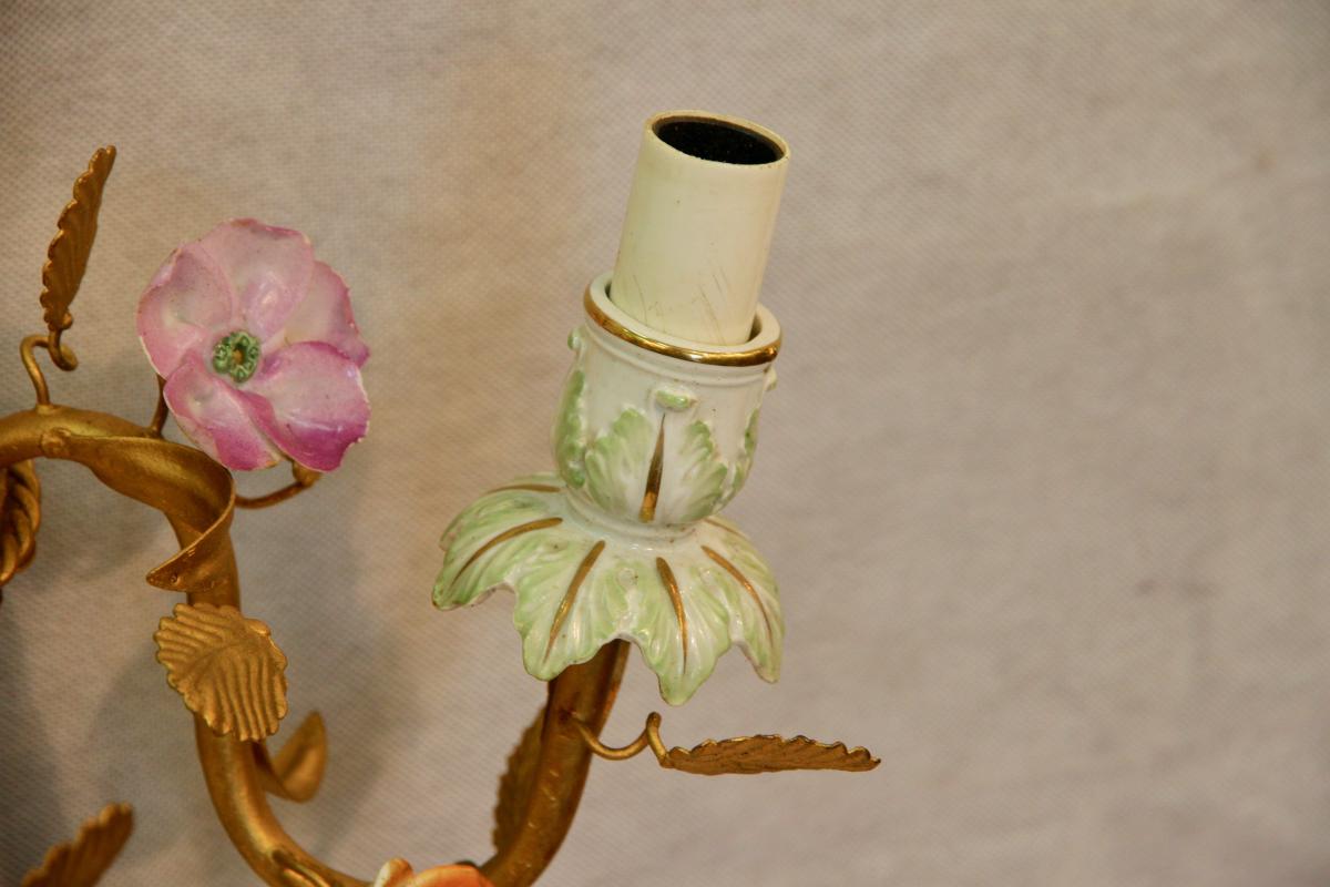 Pair Of Gilded Metal And Porcelain Sconces, XXth Century-photo-3
