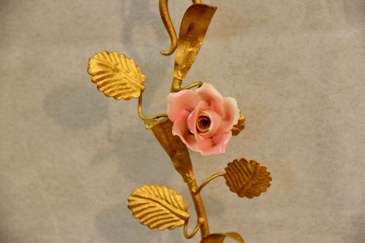 Pair Of Gilded Metal And Porcelain Sconces, XXth Century-photo-4